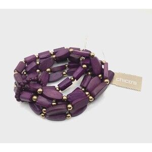 CHICO'S Purple Dyed Wooden Beads w/ Gold Tone Bead Accents Stretch Bracelet Set